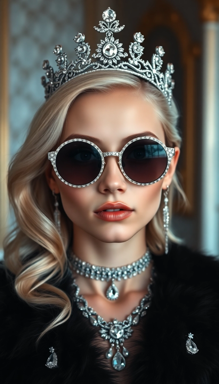 Best Spectacular AI Young Platinum Blonde Queen in Black Fur Phone Well-Lit Wallpaper